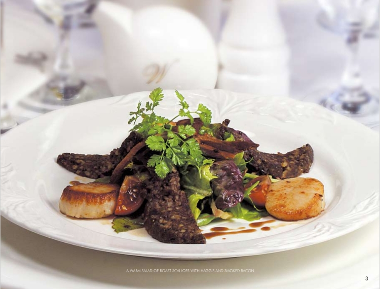 a warm salad of roast scallops-with-haggis-and smoked bacon