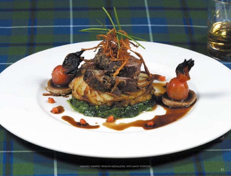 haggis wrapped venison medallions with savoy potatoes